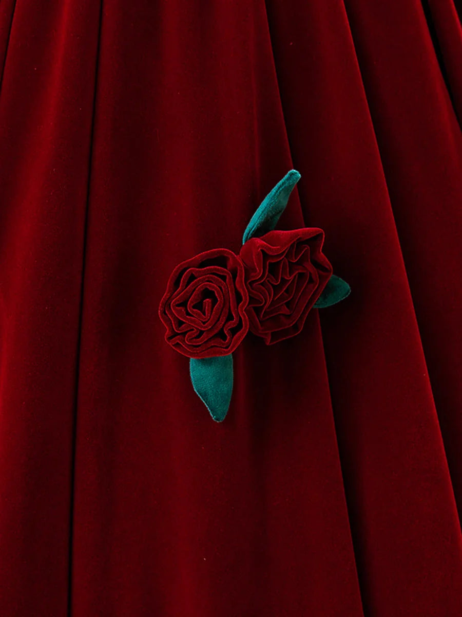 Burgundy Velvet Long Prom Dress with Flower, Beautiful A-Line Formal Party Dress TP2130