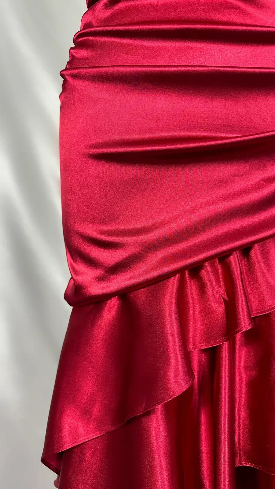 Chic Red Halter Neck Irregular Hem Satin Mermaid Ball Gown TP2140