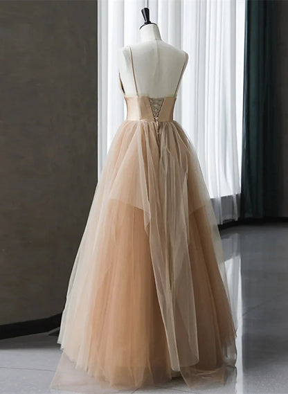 Champagne V-neckline Beaded Tulle Prom Dress, A-line Low Back Party Dress TP2141
