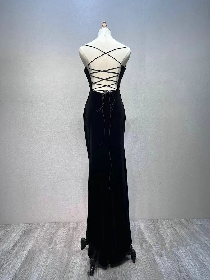 Black Mermaid Velvet  Long Party Dress, Black Straps Prom Dress Formal Dress TP2146