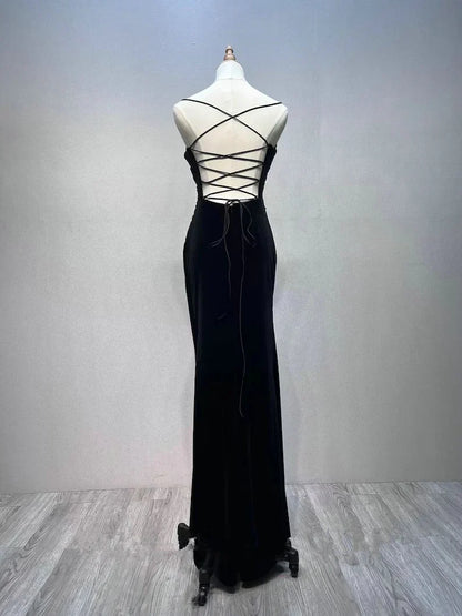 Black Mermaid Velvet  Long Party Dress, Black Straps Prom Dress Formal Dress TP2146