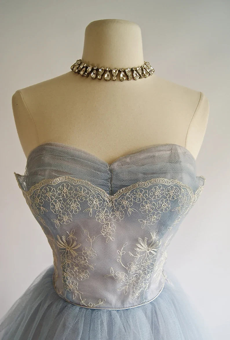Vintage Gray Strapless Lace Tulle Short Party Dress Homecoming Dress TP2200