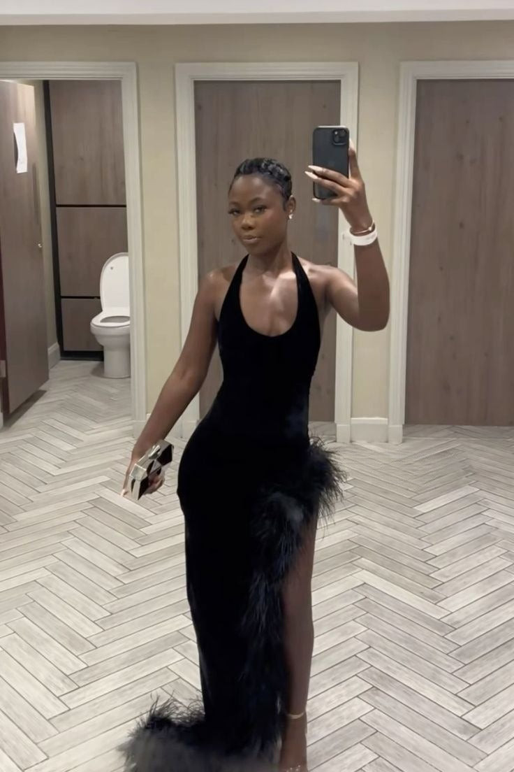 Sexy Black Velvet Halter Neck Side Slit Floor-Mounting Ball Gown Evening Dress TP2281