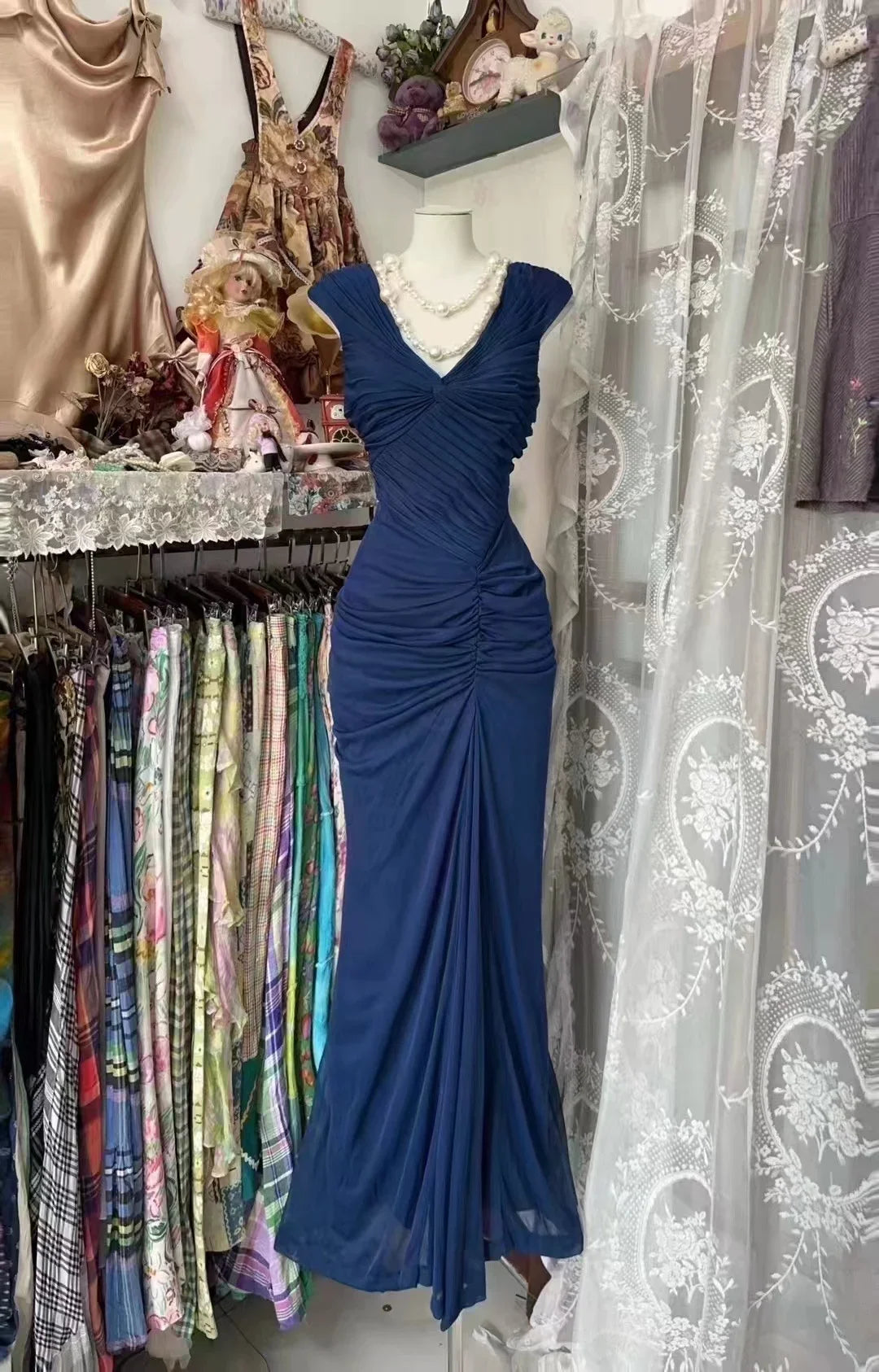 Vintage Navy Strapless Sleeveless Ruffled Mermaid Tulle Ball Gown Evening Dress TP2317