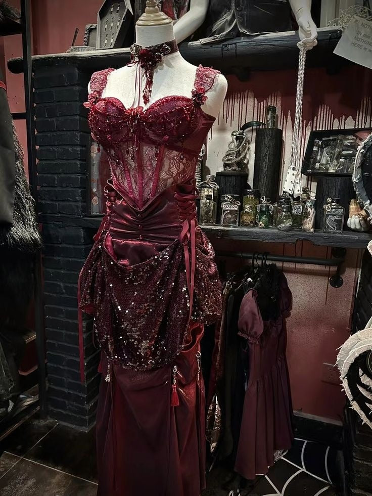 Vintage Burgundy Strap Lace Beaded Sequin Satin Mermaid Prom Dress Party Dress TP2384