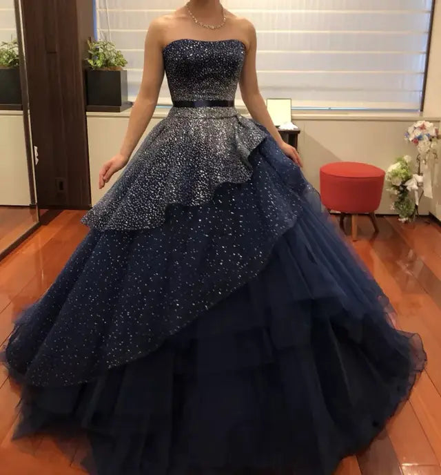 Elegant A-Line Navy Blue Strapless Beaded Floor-length Ball Gown TP2389