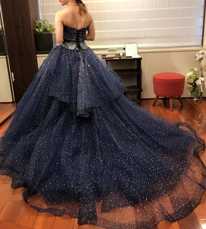 Elegant A-Line Navy Blue Strapless Beaded Floor-length Ball Gown TP2389