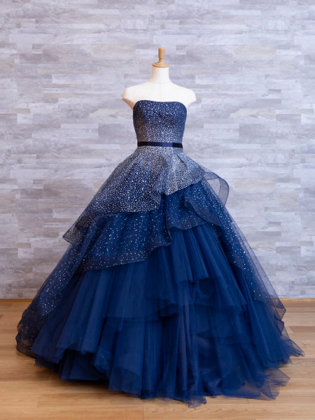 Elegant A-Line Navy Blue Strapless Beaded Floor-length Ball Gown TP2389
