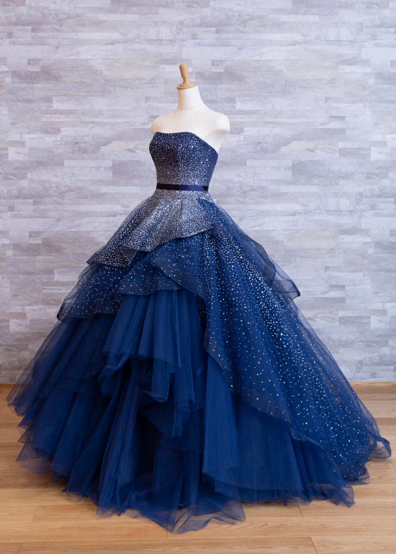 Elegant A-Line Navy Blue Strapless Beaded Floor-length Ball Gown TP2389
