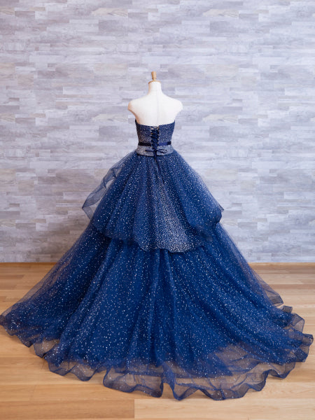 Elegant A-Line Navy Blue Strapless Beaded Floor-length Ball Gown TP2389