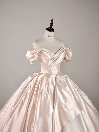Elegant Pink Satin A-Line Off-The-Shoulder Floor-Sweeping Prom Dress Evening Gown TP2404