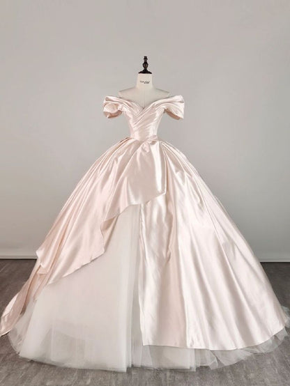 Elegant Pink Satin A-Line Off-The-Shoulder Floor-Sweeping Prom Dress Evening Gown TP2404