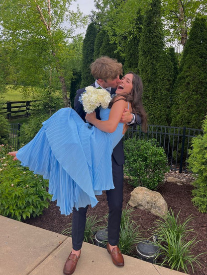 Elegant Blue Strapless Sleeveless Layered Pleated A-Line Ball Gown Bridesmaid Dress TP2407