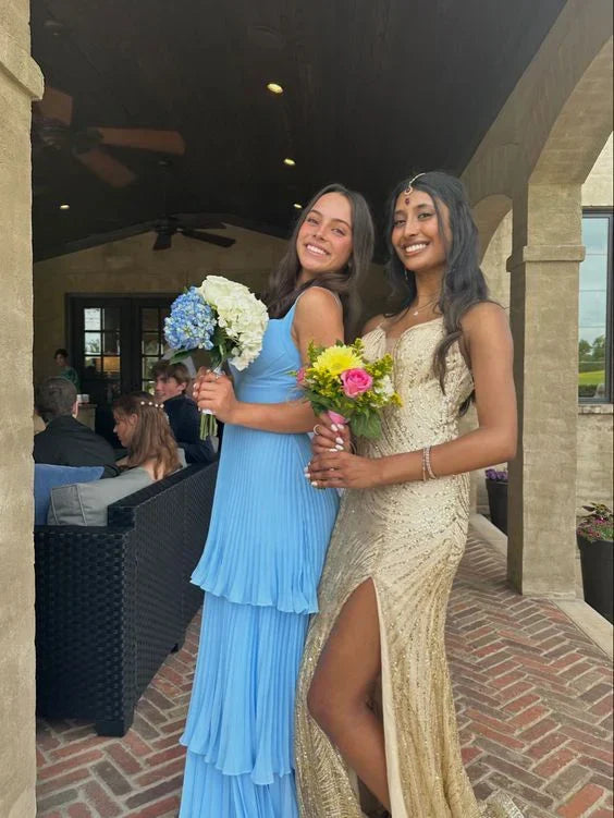 Elegant Blue Strapless Sleeveless Layered Pleated A-Line Ball Gown Bridesmaid Dress TP2407