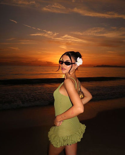 Chic Knit Green Spaghetti Strap Deep V Neck Sleeveless Mini Party Dress Homecoming Dress TP2462