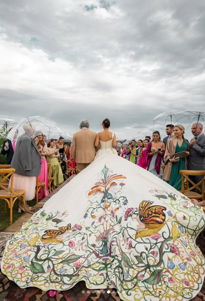 Elegant ivory one shoulder A-line printed trailing wedding dress TP2464