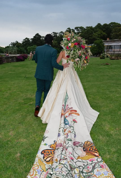 Elegant ivory one shoulder A-line printed trailing wedding dress TP2464