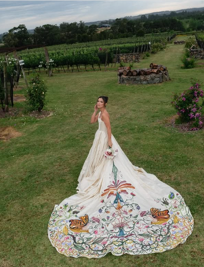 Elegant ivory one shoulder A-line printed trailing wedding dress TP2464