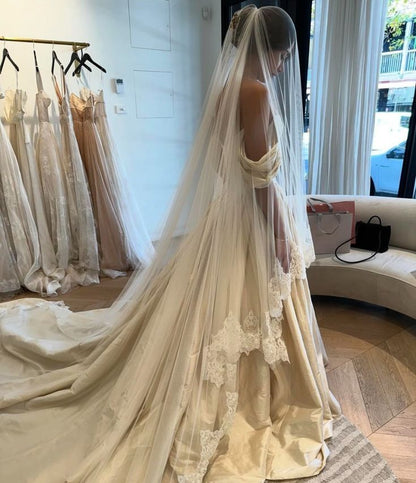Elegant Ivory Satin Sweetheart Off-the-shoulder Design A-Line Floor-length Wedding Dress TP2501