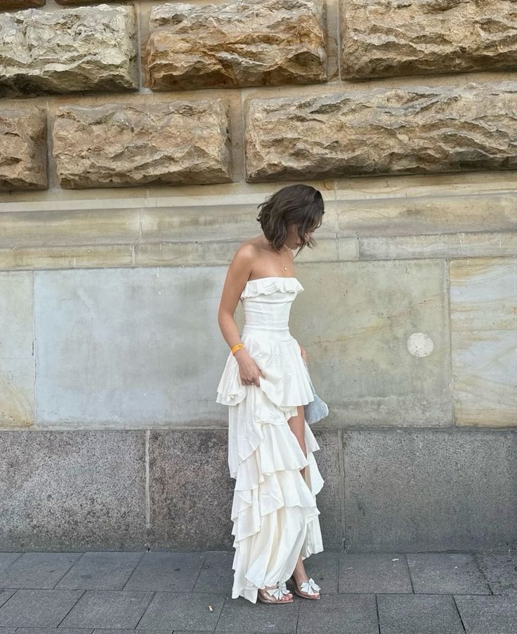 Elegant White Strapless Tiered Ruffle Slit Long Ball Gown Evening Dress TP2513