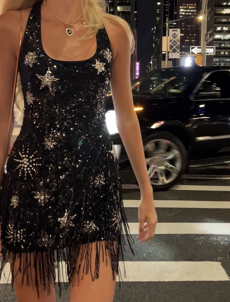 Shiny Black Sleeveless Star Sequined Tassel Mini Party Dress Homecoming Dress TP2520