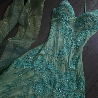 Vintage Green V-neck Straps Sleeveless Sequined Lace Irregular Skirt Prom Dress Evening Dress TP2531