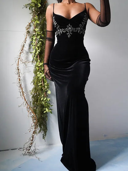 Vintage Black Velvet Spaghetti Strap Backless Mermaid Prom Dress Evening Dress TP2543