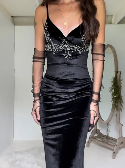 Vintage Black Velvet Spaghetti Strap Backless Mermaid Prom Dress Evening Dress TP2543