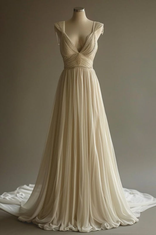 Elegant Ivory Deep V-neck Beaded A-Line Wedding Dress TP2568