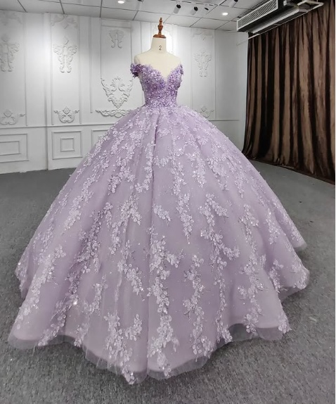 Gorgeous A-line purple tutu off-the-shoulder floral dress with tail prom dress evening dress TP2575