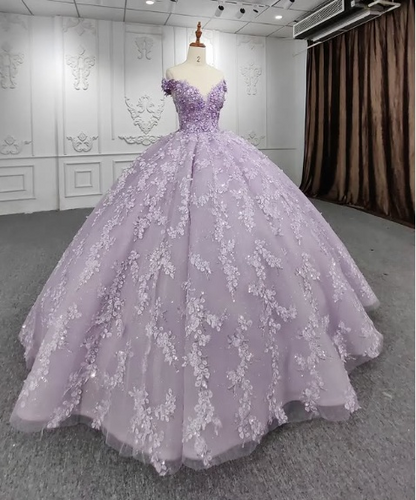 Gorgeous A-line purple tutu off-the-shoulder floral dress with tail prom dress evening dress TP2575