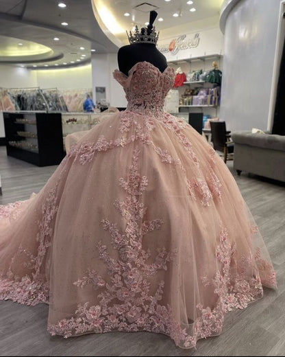 Sweet pink off-the-shoulder A-line sequined tulle with train prom dress evening dress TP2614