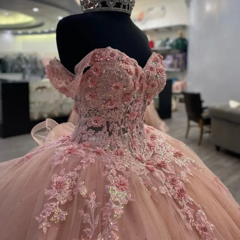 Sweet pink off-the-shoulder A-line sequined tulle with train prom dress evening dress TP2614