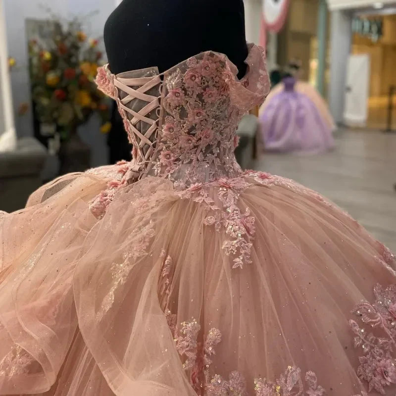 Sweet pink off-the-shoulder A-line sequined tulle with train prom dress evening dress TP2614