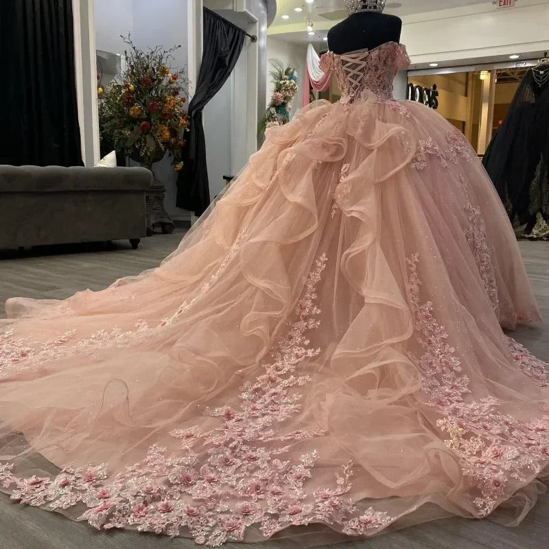 Sweet pink off-the-shoulder A-line sequined tulle with train prom dress evening dress TP2614