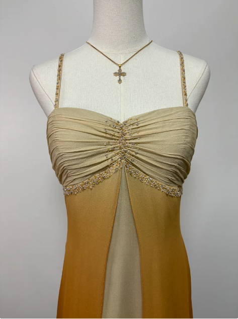 Vintage A-line Spaghetti Strap Beaded Chiffon Long Prom Dress Evening Dress TP2628