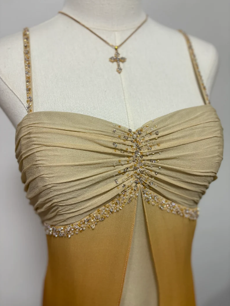 Vintage A-line Spaghetti Strap Beaded Chiffon Long Prom Dress Evening Dress TP2628