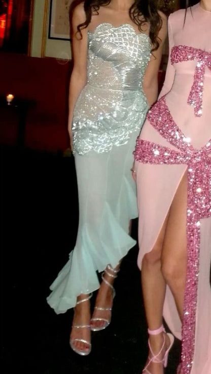 Beautiful Strapless Shiny Ruffle Sequined Side Leaking Prom Dress Evening Dress TP2632