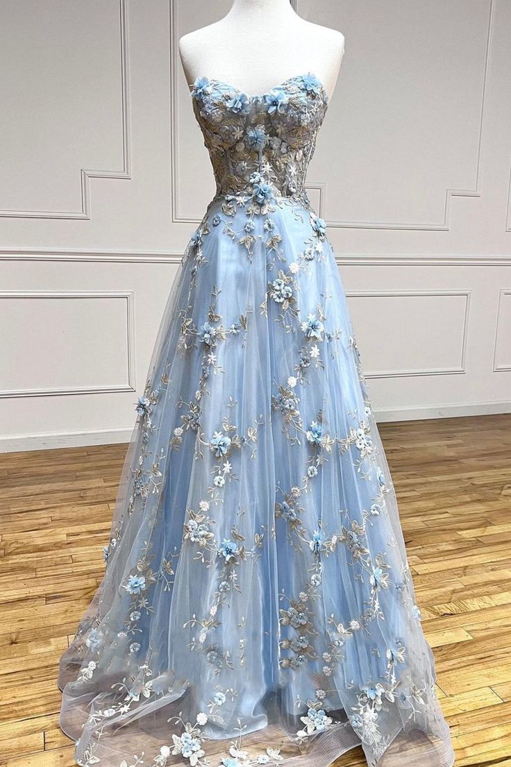 Beautiful A-line light blue strapless sweetheart neckline floral tulle long prom dress evening dressTP2659