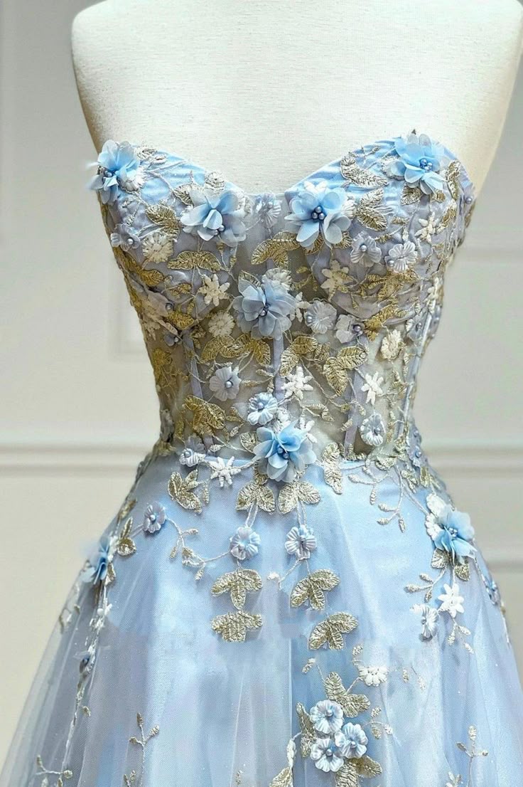 Beautiful A-line light blue strapless sweetheart neckline floral tulle long prom dress evening dressTP2659