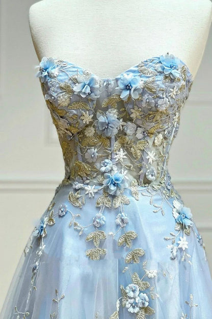 Beautiful A-line light blue strapless sweetheart neckline floral tulle long prom dress evening dressTP2659