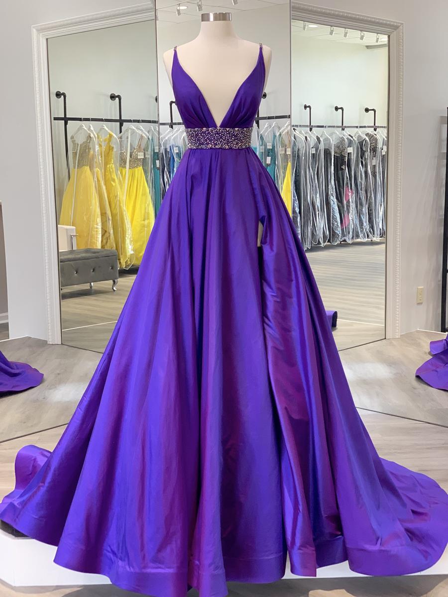 Elegant Purple Deep V Neck Straps Sleeveless A-Line Satin Slit Long Prom Dress Evening Dress TP2674