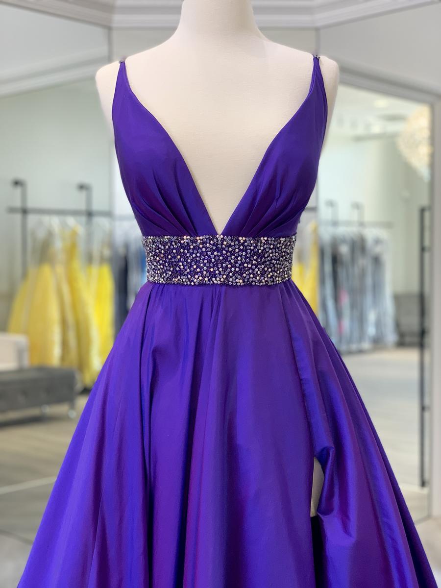 Elegant Purple Deep V Neck Straps Sleeveless A-Line Satin Slit Long Prom Dress Evening Dress TP2674