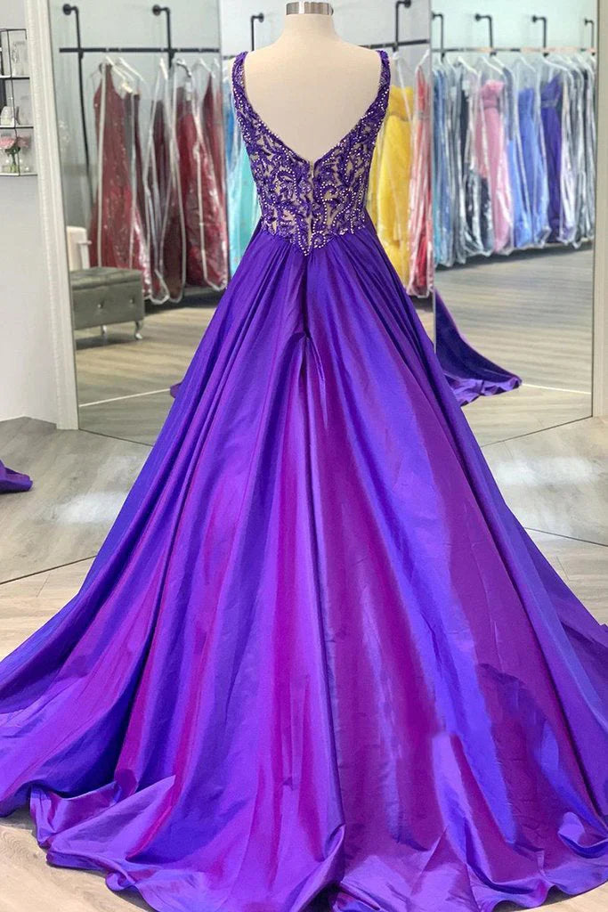 Retro Purple V Neck Sleeveless A-Line Prom Dress Evening Gown TP2675
