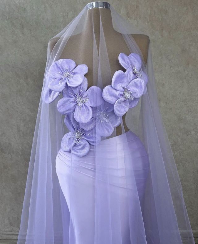 Fantasy Purple Beaded 3D Flower Hollow Mermaid Prom Dress Evening Gown TP2686