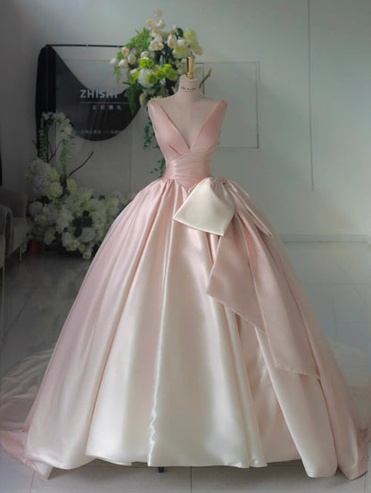 Glamorous Gradient Pink V-Neck Satin Bow-tie A-Line Prom Dress Evening Dress TP2704