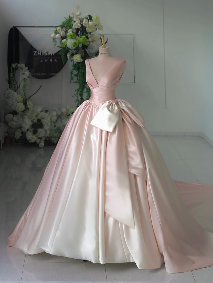 Glamorous Gradient Pink V-Neck Satin Bow-tie A-Line Prom Dress Evening Dress TP2704