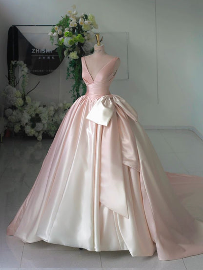Glamorous Gradient Pink V-Neck Satin Bow-tie A-Line Prom Dress Evening Dress TP2704