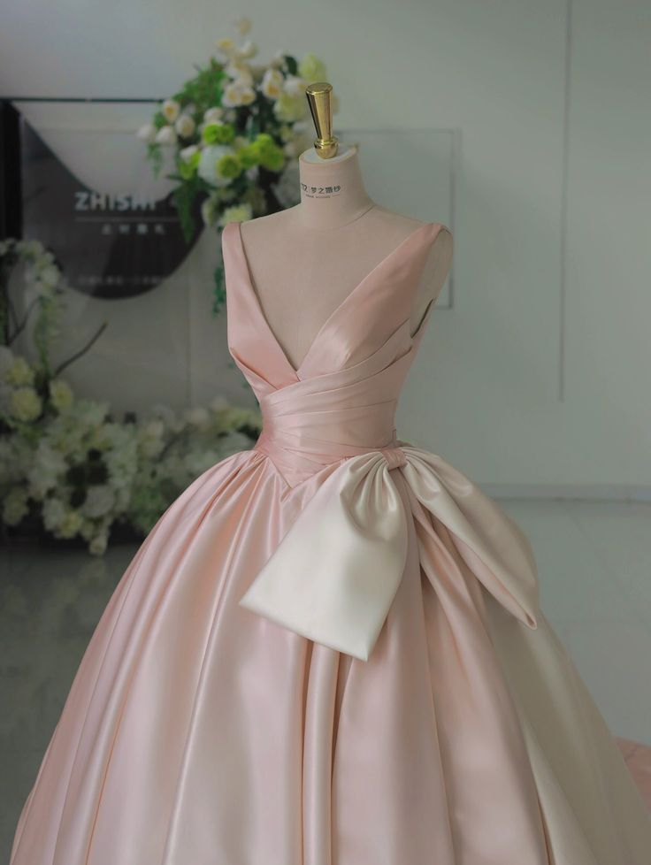 Glamorous Gradient Pink V-Neck Satin Bow-tie A-Line Prom Dress Evening Dress TP2704