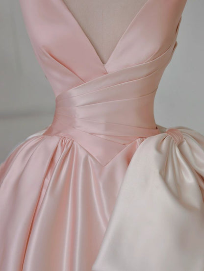 Glamorous Gradient Pink V-Neck Satin Bow-tie A-Line Prom Dress Evening Dress TP2704